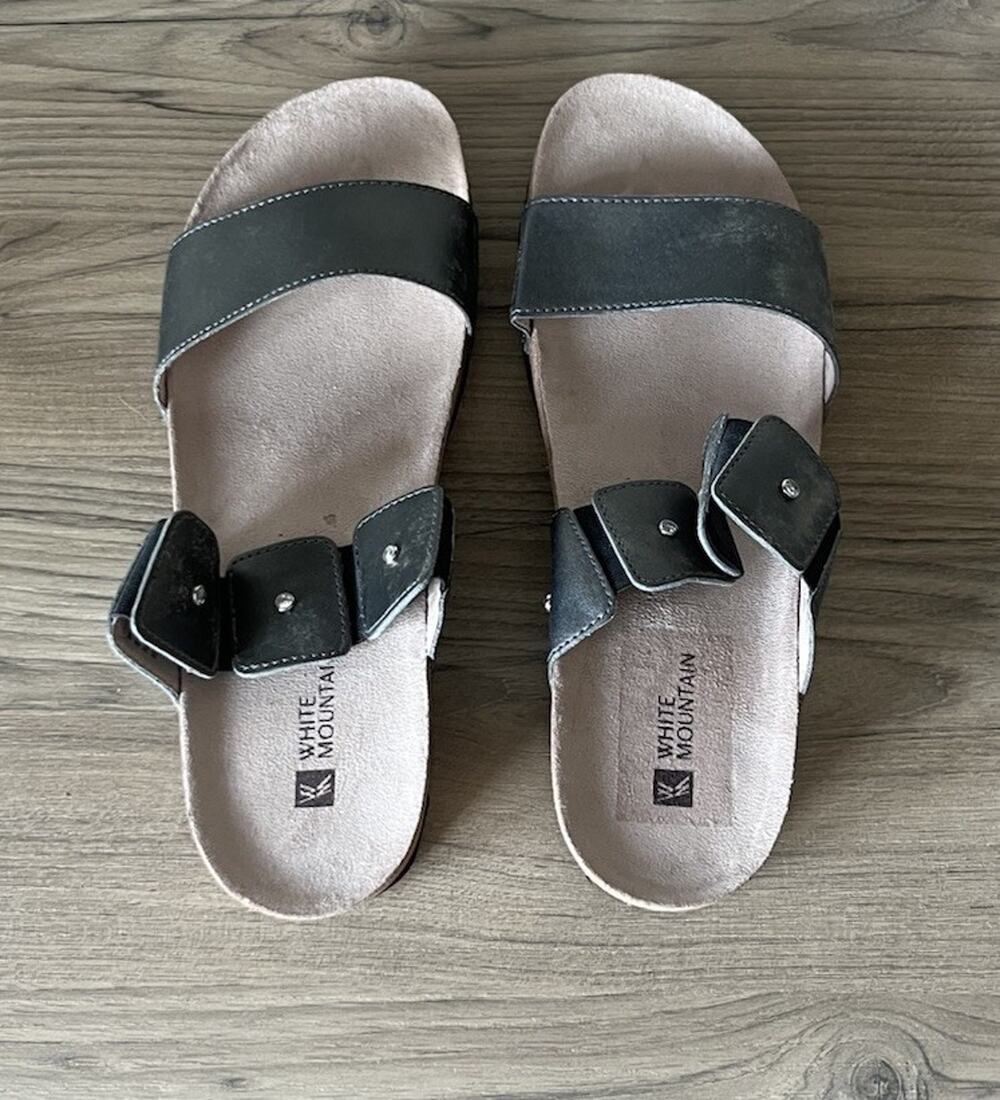White Mountain Pewter Metallic Slip On Comfortable Sandals Women’s 9M With Box